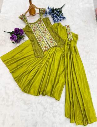 Super Hit Mehendi Color Chinon Kurti Palazzo Set