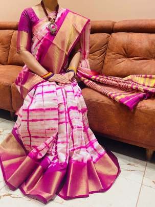 Super Hit Pink Shibori Printed Dola Silk Saree 