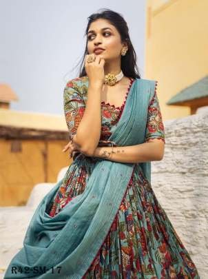 Teal Blue Festival Wear Chinon Kalamkari Printed Lehenga Choli