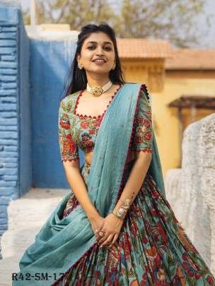 Teal Blue Festival Wear Chinon Kalamkari Printed Lehenga Choli