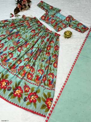 Teal Blue Festival Wear Chinon Kalamkari Printed Lehenga Choli