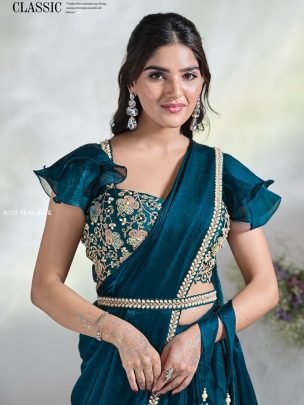 Teal Blue Party Wear Saree With Stitched Blouse By Mahotsav