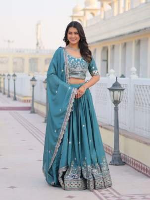 Teal Exclusive Designer Embroidery Work Pure Chinon Lehenga Choli