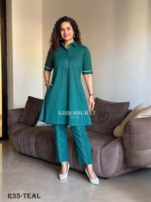 Teal Stylish Mul Cotton Coord Set