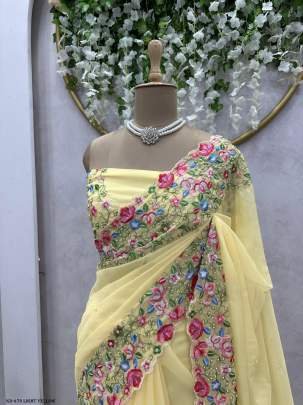 Tussar Silk Light Yellow Sequence With Pearl Work Saree
