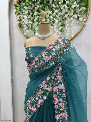Tussar Silk Rama Sequence With Pearl Work Saree