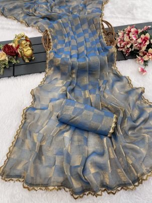 Tow Tone Space Silk Blue Checks Saree 