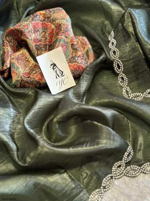 Traditional Ajarak Print  Soft Tissue Silk Green Saree