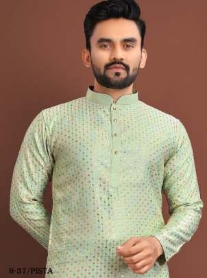 Traditional Indian Wear Gents Pista Silk Kurta and Pyjamas Set