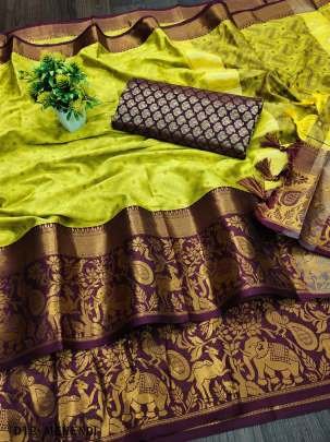 Traditional Mehendi Color Cotton Jacquard Silk Saree With Contrast Pallu