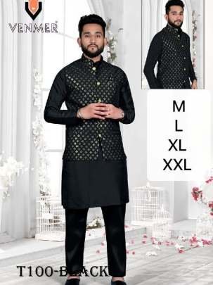 Traditional Mens Wear Black Pure Silk Kurta Pajama With Koti Set