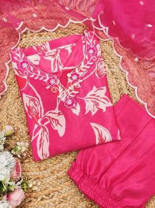 Traditional Pink Floral Printed Beautiful Work Three Piece Kurtis Set