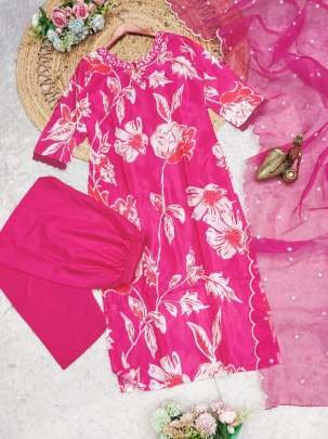 Traditional Pink Floral Printed Beautiful Work Three Piece Kurtis Set