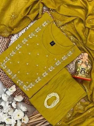 Traditional Silk Methi Color Hand Work Kurti Pant Set With Dupatta