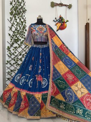 Traditonal Muslin Cotton Real Mirror Work Navratri Lehenga