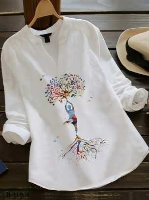 Tree Digital Print Rayon White Ladies Top