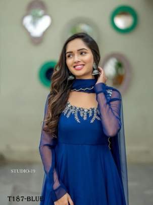 Trending Blue Georgette  Anarkali Gown With Dupatta Set