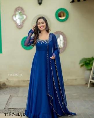 Trending Blue Georgette  Anarkali Gown With Dupatta Set