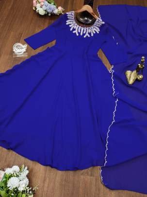 Trending Blue Georgette  Anarkali Gown With Dupatta Set