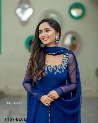 Trending Blue Georgette  Anarkali Gown With Dupatta Set