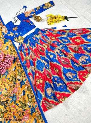 Trending Collection Blue Silk Chinon Lehenga Choli With Kalamkari Print