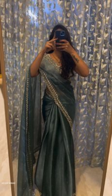 Trending Green Color Jimmy Choo Saree With Embroidery Sequence Work