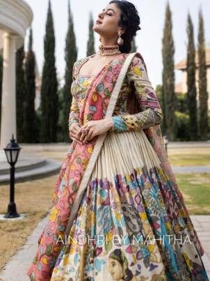 Trending Kalamkari Print Chinon Fabric cream Lehenga Choli With Dupatta Set