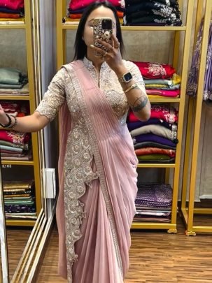 Trending Light Pink Drape Saree With Stitched Stylist Blouse