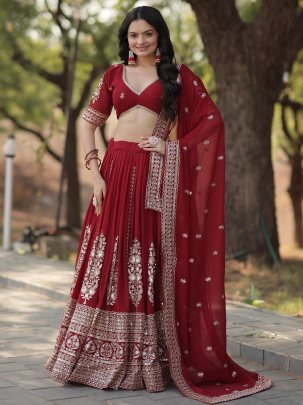 Trending Red Fully Flared Georgette Lehenga Set 