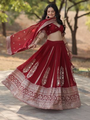 Trending Red Fully Flared Georgette Lehenga Set