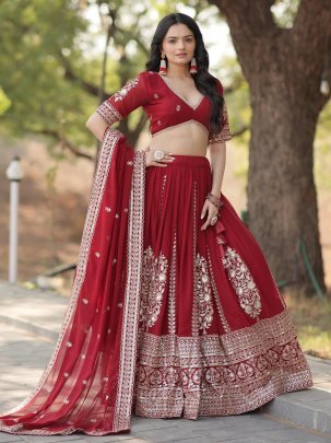 Trending Red Fully Flared Georgette Lehenga Set