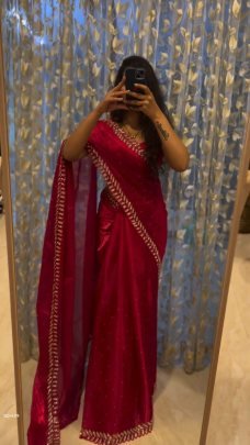 Trending Red Color Jimmy Choo Saree With Embroidery Sequence Work