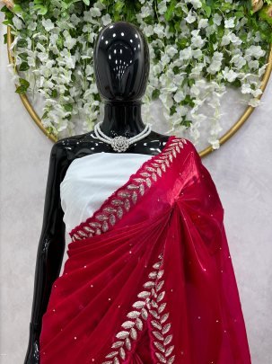 Trending Red Color Jimmy Choo Saree With Embroidery Sequence Work