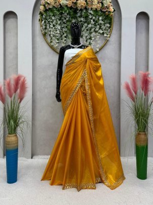 Trending Yellow Color Jimmy Choo Saree with Embroidery Sequence Work