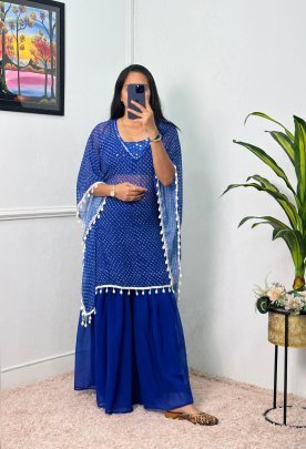 Royal Blue Ethnic Sharara Set with Embellished Kaftan