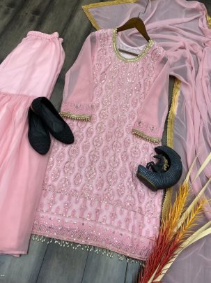 Trendy Georgette Sequence Embroidery Suit Set with Stitched Sharara and Dupatta