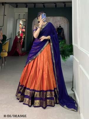 Trendy Kanchipuram Silk Orange Lehenga Choli With Blue Dupatta