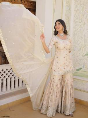 Trendy White Gharara Suit With Zari Embroidered Work