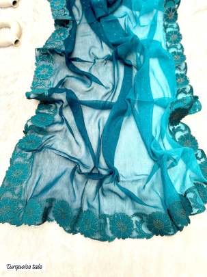 Turquoice Tale Prime Concept Diamond Work Silk Saree With Cut Work