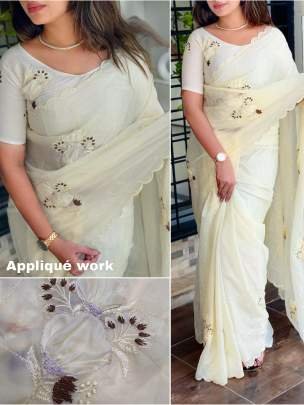Ugadi Special Crystal Silk White Embroidery Party Wear Saree
