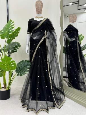 Unique Design Black Colour Soft Net Saree