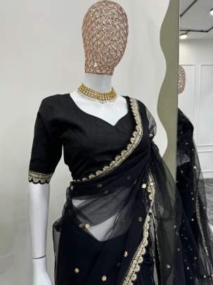 Unique Design Black Colour Soft Net Saree