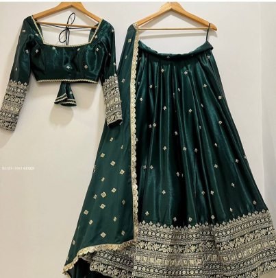 Unique Satin Silk Embroidered Green Lehenga Choli