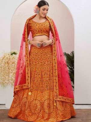 Unique Yellow Semi Stitched Jute Silk Lehenga choli 