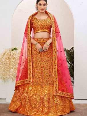 Unique Yellow Semi Stitched Jute Silk Lehenga choli