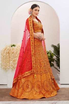 Unique Yellow Semi Stitched Jute Silk Lehenga choli