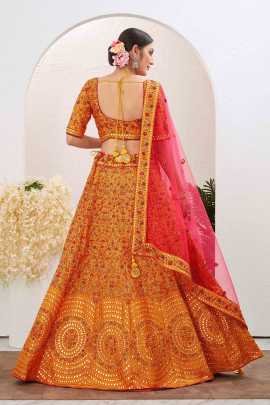 Unique Yellow Semi Stitched Jute Silk Lehenga choli