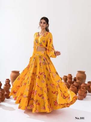 Vallari Vol 1 Yellow Digital Printed Crop Top Lehenga Choli