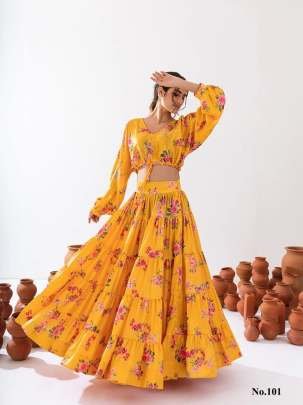 Vallari Vol 1 Yellow Digital Printed Crop Top Lehenga Choli