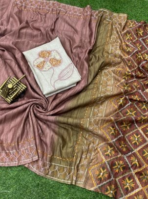Varshitha Pink handmade khatha work ajrakh print saree